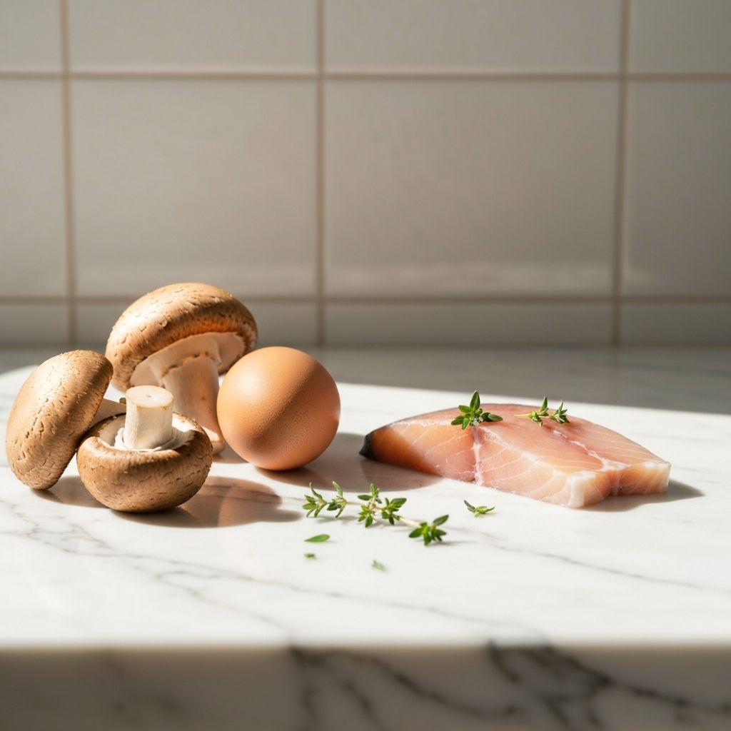 Pilze, Eier und Fisch mit Kräutern